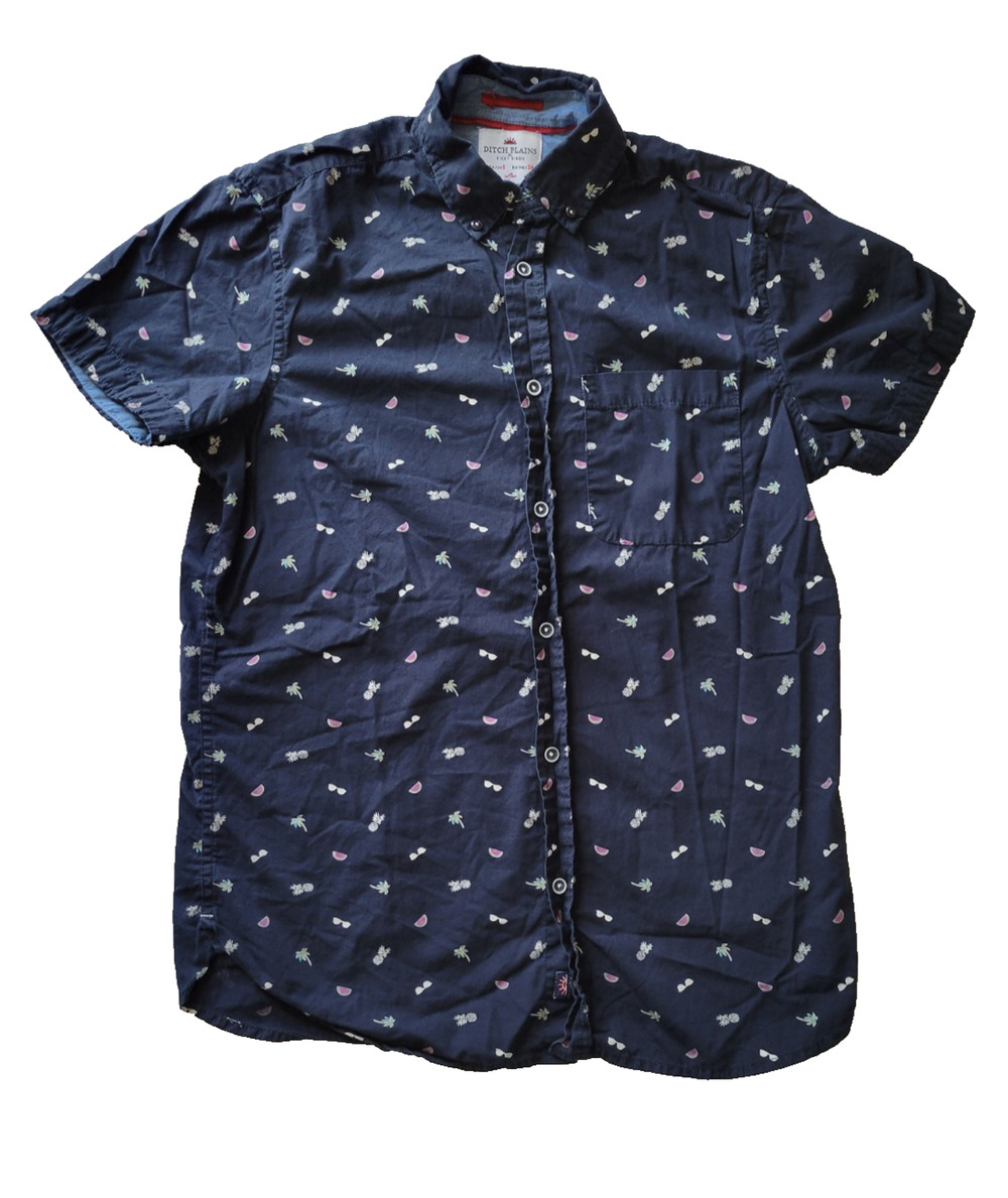 Ditch Plains Ricky Singh Mens S Navy Tropical Print Short Sleeve Button Up